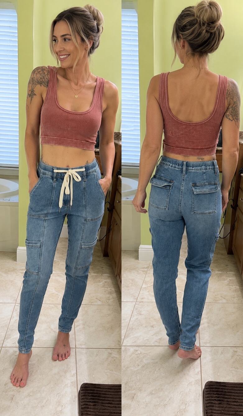 Judy Blue 1/25 Cami cargo joggers feature a medium wash denim cream drawstring